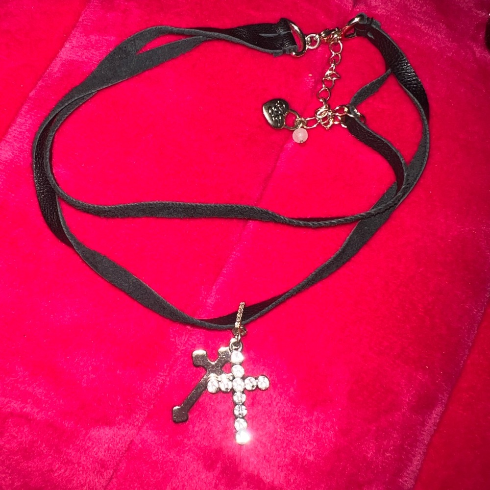 Betsy Johnson Black Ribbon Necklace with Rhinestone Cross Pendant - Picture 3 of 3